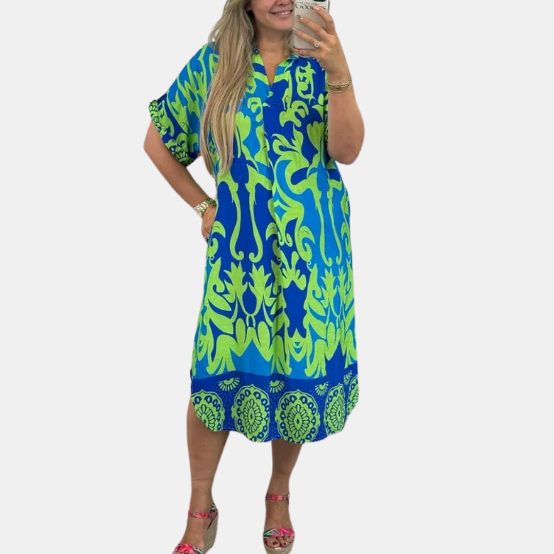 Elena | Midi Summer Dress with Abstract Print and V-Neck