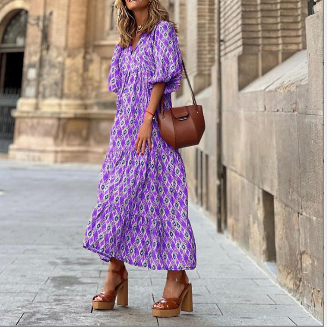 Lucy | Maxi Summer Dress with Boho Print and Puff Sleeves