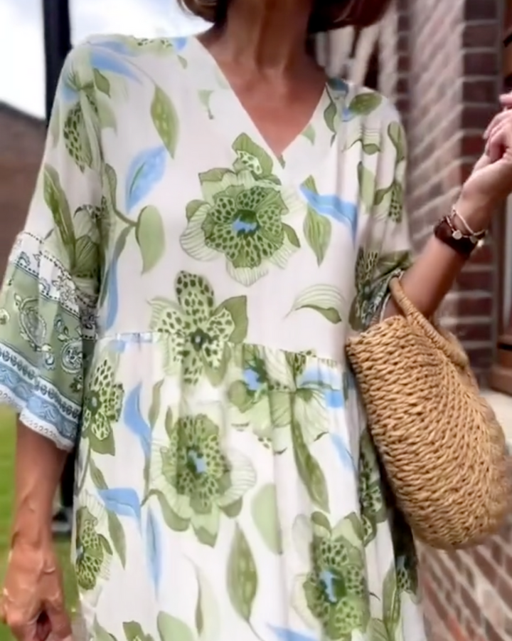 Emma | Midi Summer Dress with Floral Print and Three Quarter Sleeves