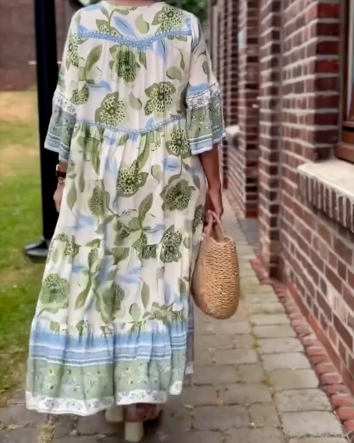 Emma | Midi Summer Dress with Floral Print and Three Quarter Sleeves