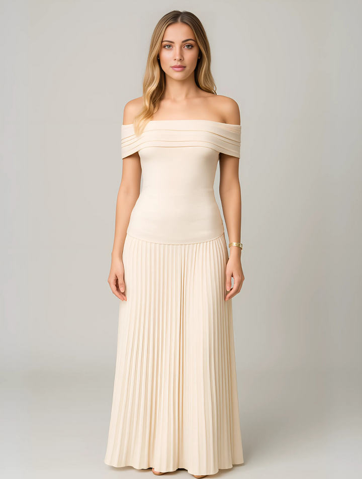 Isabel | Maxi Wedding Guest Dress with Off Shoulder and Pleated Skirt