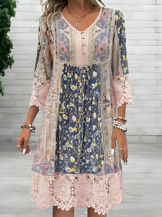 Blair | Mini Summer Dress with Boho Print and Lace Trim