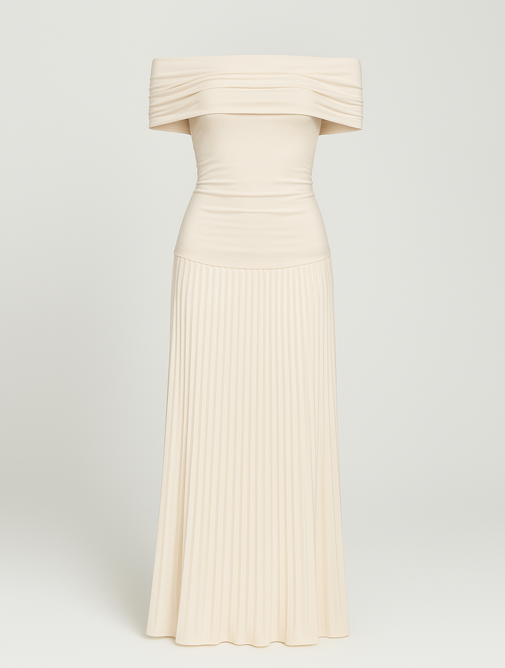 Bella | Maxi Wedding Guest Dress with Off Shoulder and Pleated Skirt