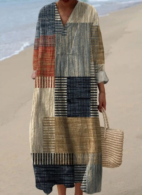 Tina | Maxi Summer Dress with Geometric Print and Long Sleeves