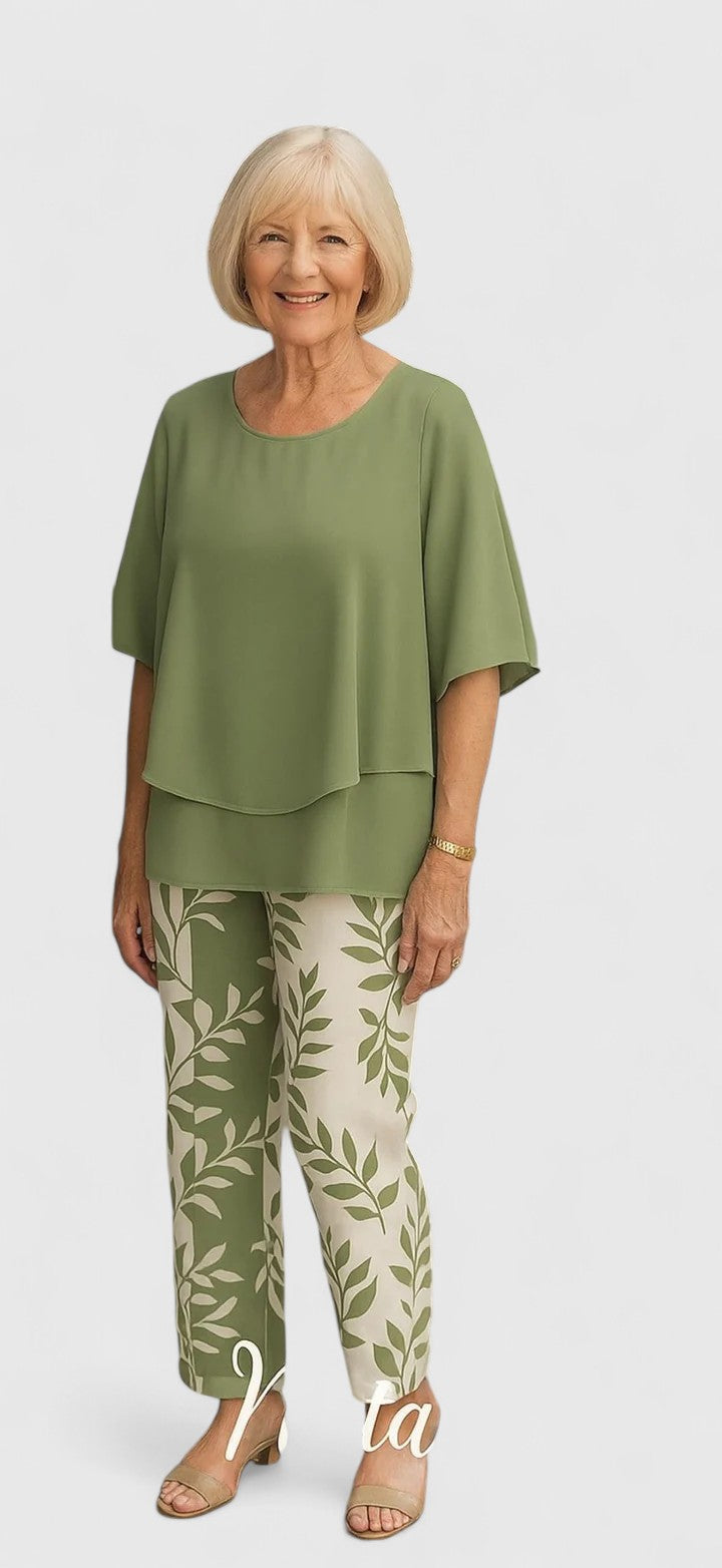 Joan | Matching Set with Leaf Print Trousers and Layered Top