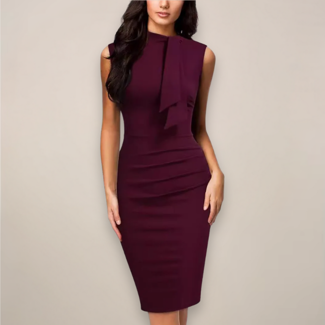 Alyssa | Midi Cocktail Dress with Ruched Bodice and High Neck