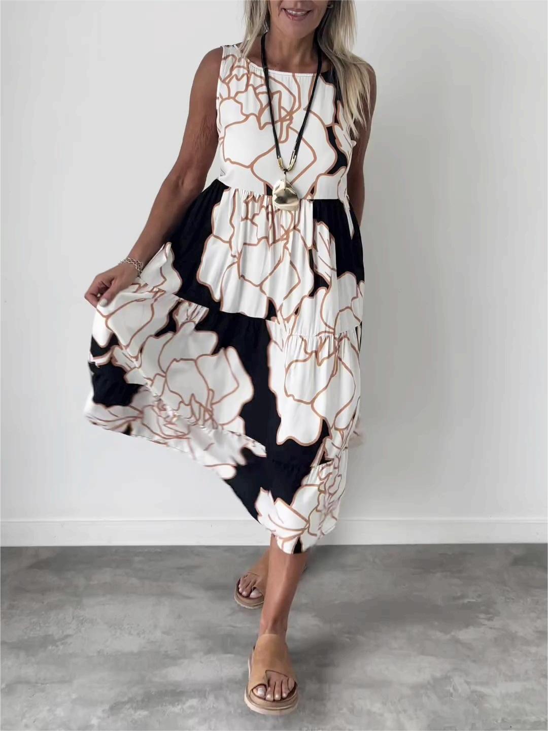 Amy | Midi Summer Dress with Abstract Print and Sleeveless Bodice