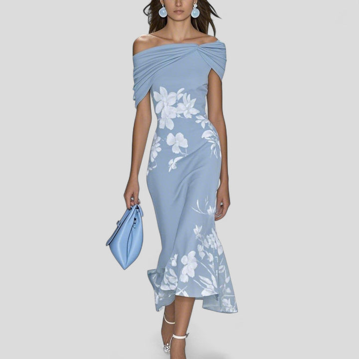 Lindsey | Midi Wedding Guest Dress with Off Shoulder and Floral Print