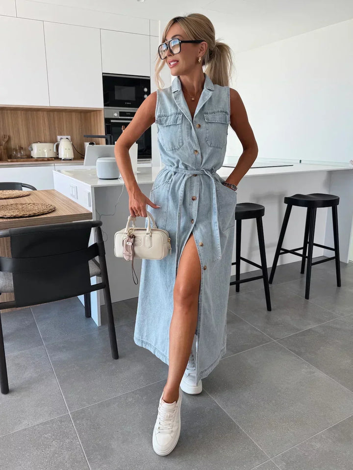 Claire | Maxi Shirt Dress with Belted Waist and Side Slit