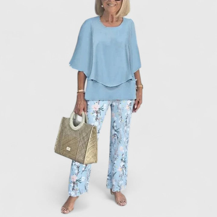 Marge | Matching Set with Floral Print Trousers and Layered Top