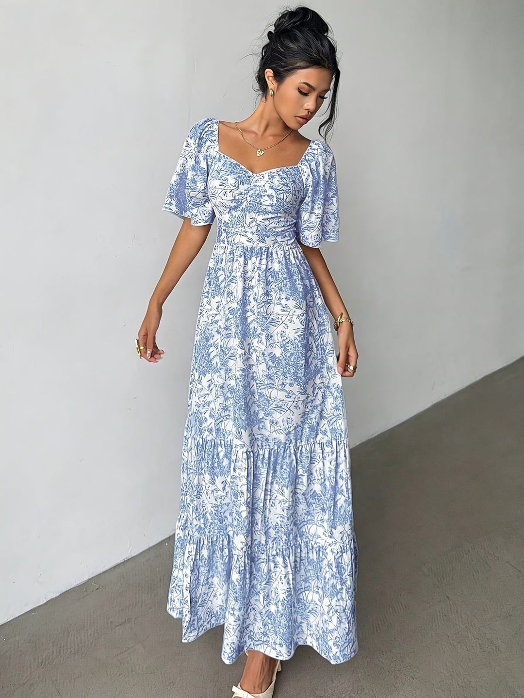Carol | Maxi Wedding Guest Dress with Floral Print and Short Sleeves