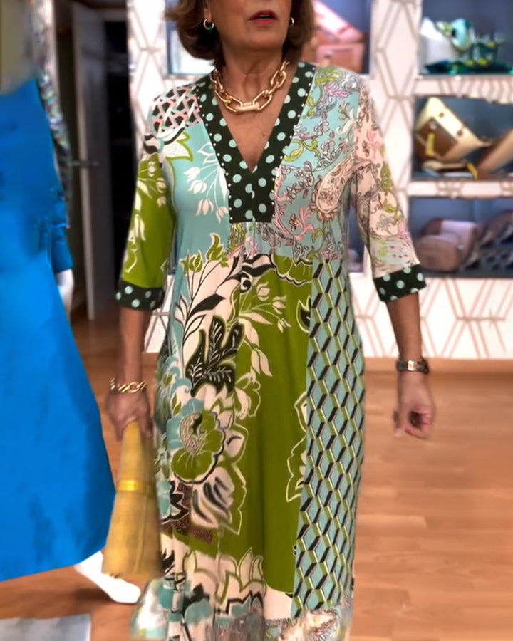 Linda | Midi Summer Dress with Boho Print and Three Quarter Sleeves