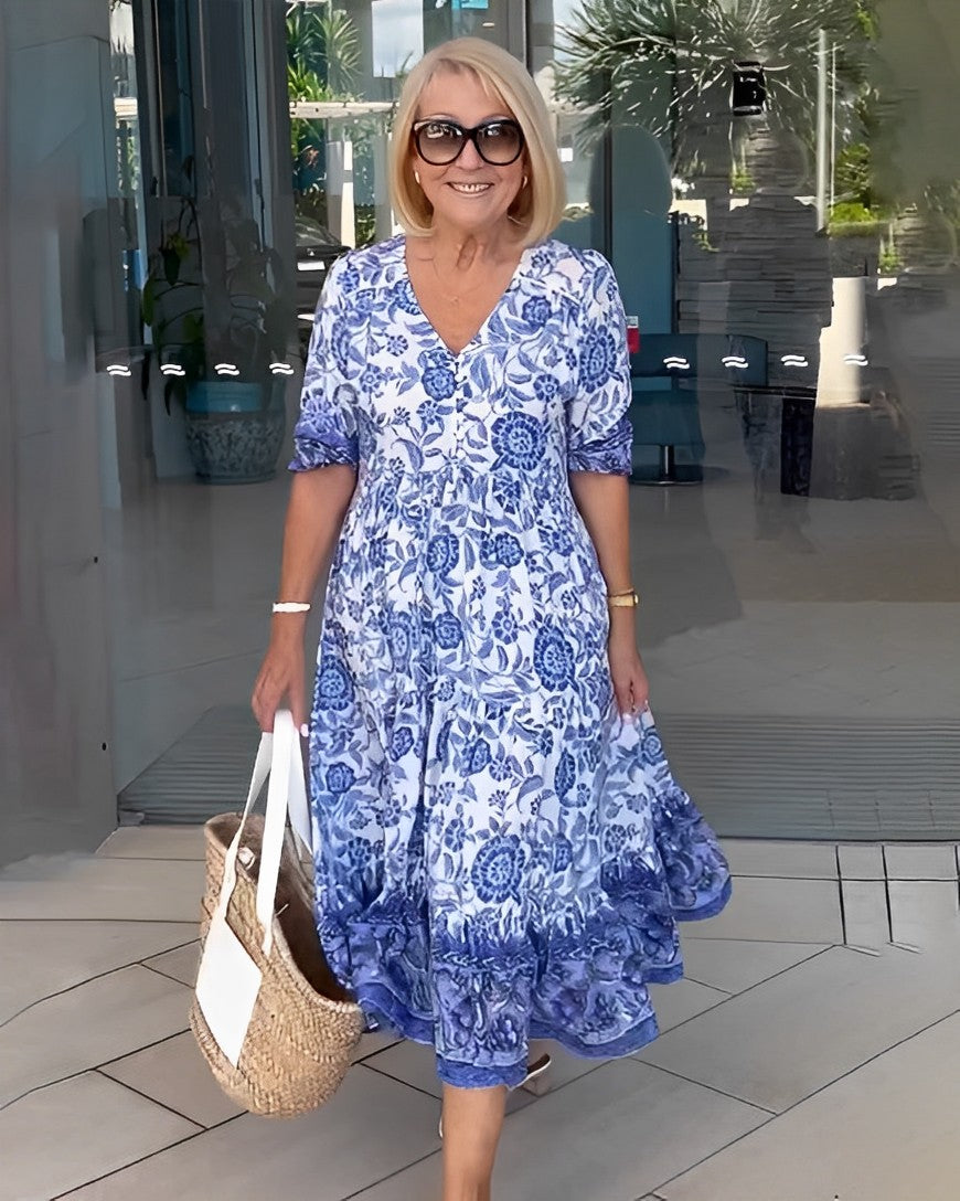 Phoebe | Midi Summer Dress with Boho Print and V-Neck