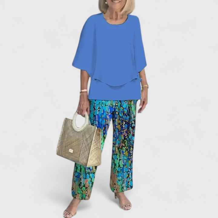Marge | Matching Set with Floral Print Trousers and Layered Top
