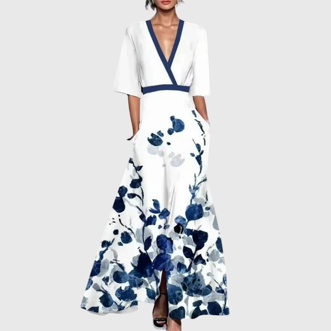 Candice | Maxi Wedding Guest Dress with V-Neck Wrap and Floral Print
