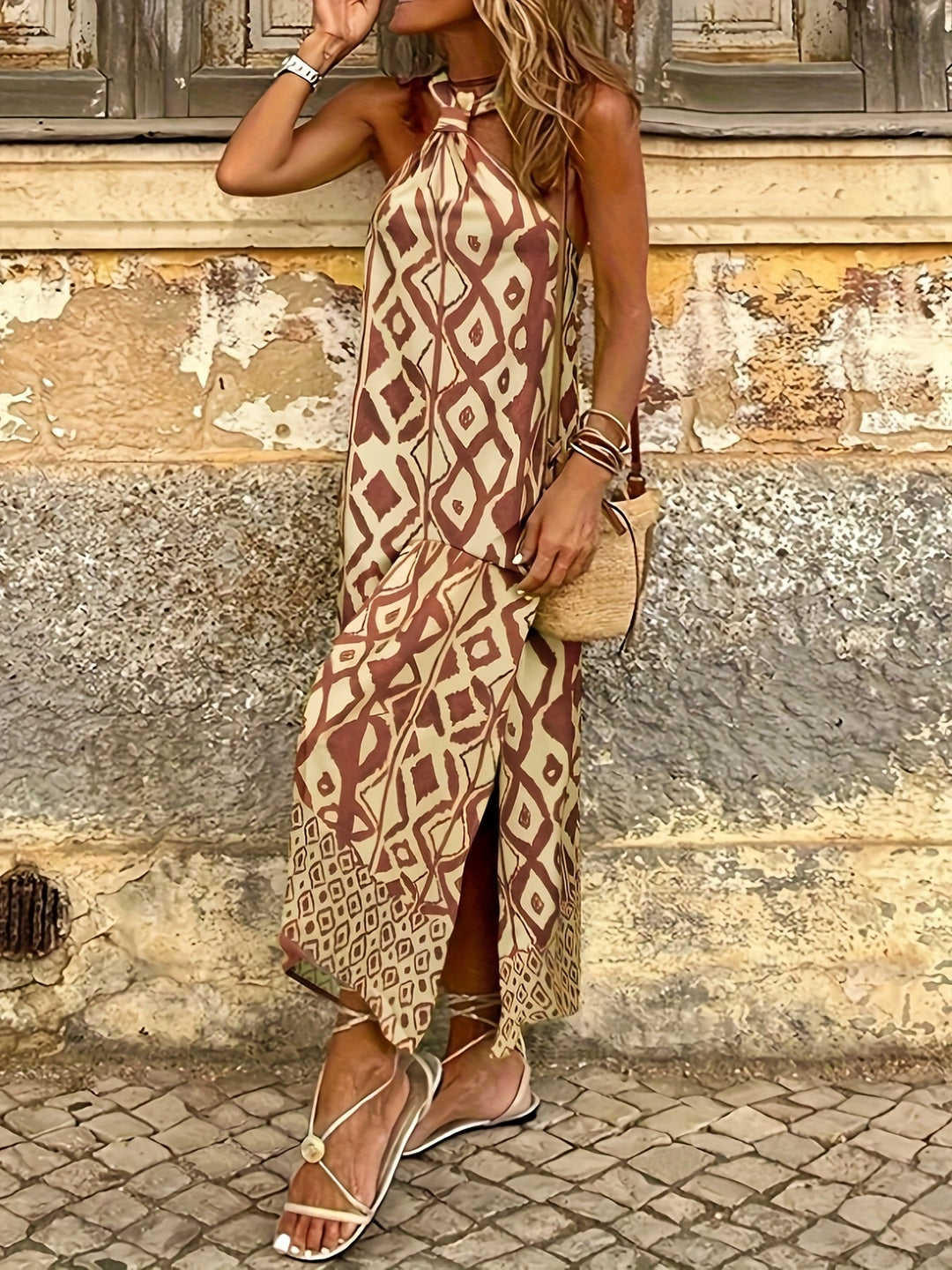 Eliza | Maxi Halter Neck Dress with Boho Print