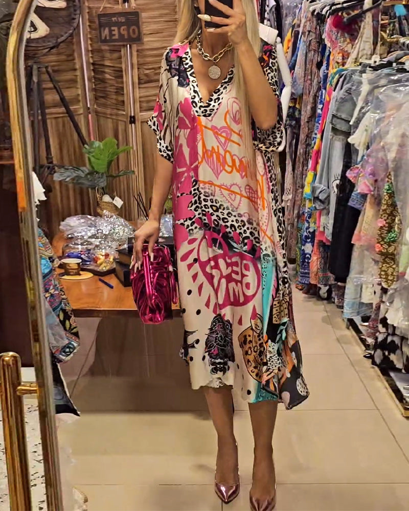Debra | Midi Summer Dress with Boho Print and V-Neck