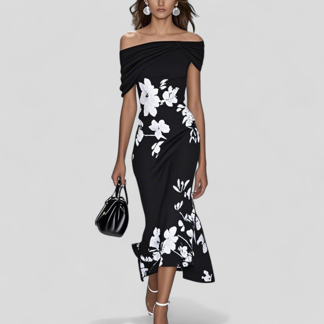 Lindsey | Midi Wedding Guest Dress with Off Shoulder and Floral Print