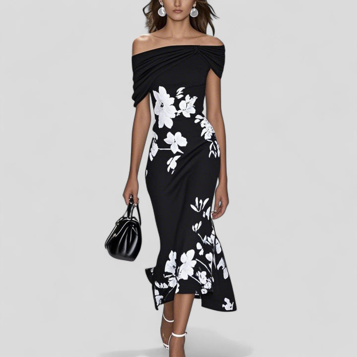 Lindsey | Midi Wedding Guest Dress with Off Shoulder and Floral Print