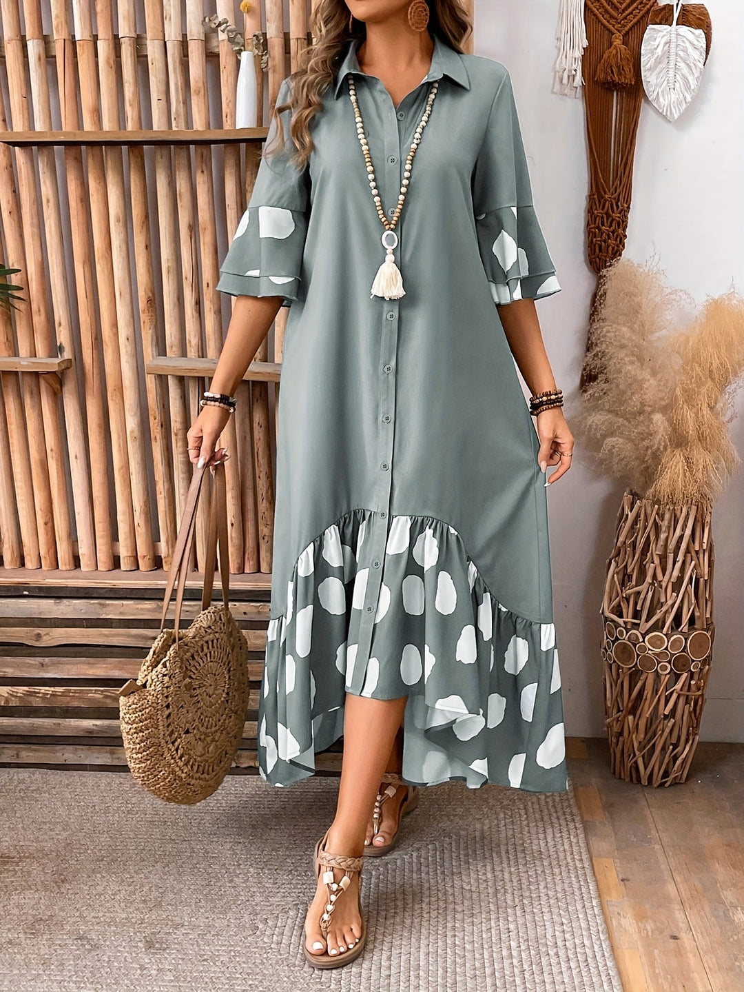 Amber | Midi Polka Dot Dress with Button Front and Ruffle Hem