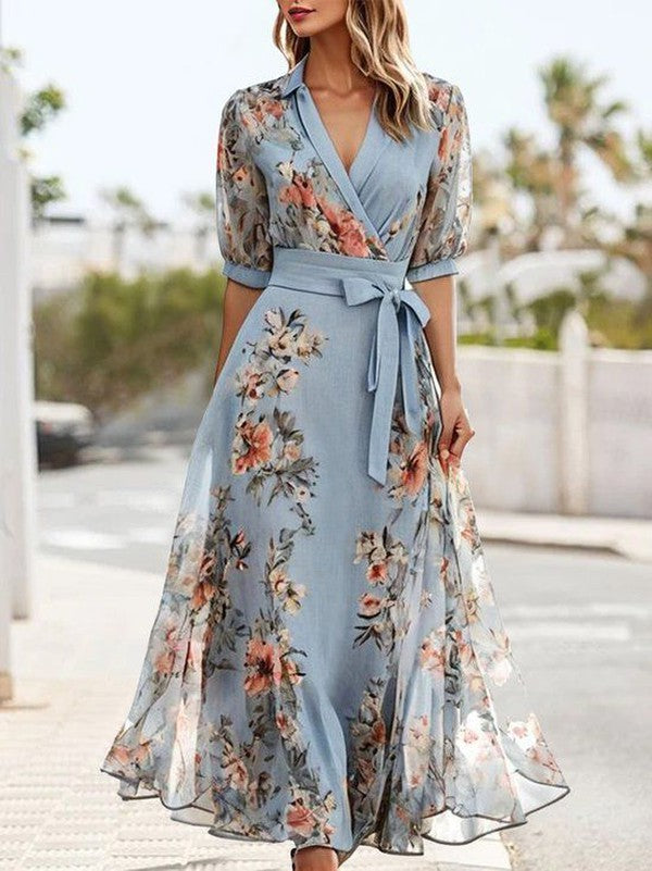 Nicola | Midi Wedding Guest Dress with V-Neck Wrap and Floral Print