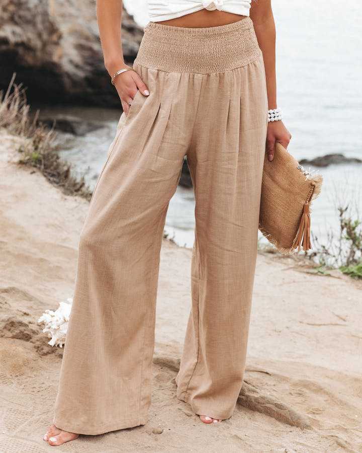 Fia | Wide-Leg Trousers with Smocked Waist and Plain Finish