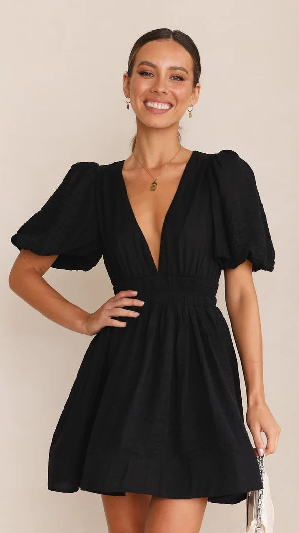 Katie | Mini Summer Dress with V-Neck and Puff Sleeves