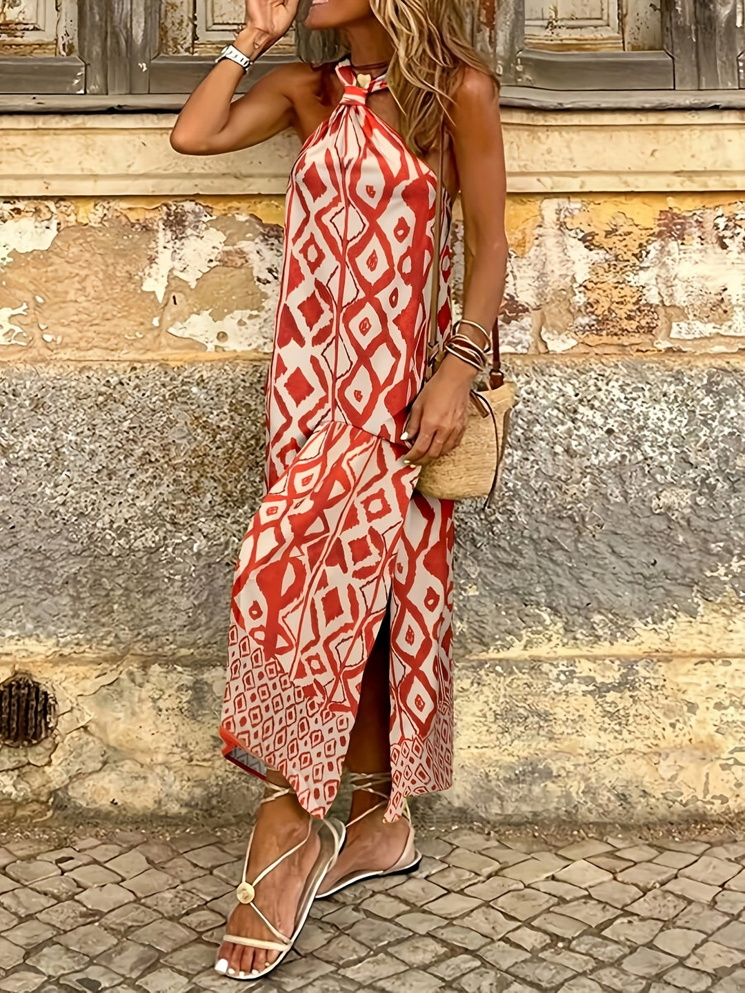 Eliza | Maxi Halter Neck Dress with Boho Print