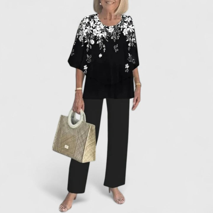 Marge | Matching Set with Floral Print Trousers and Layered Top