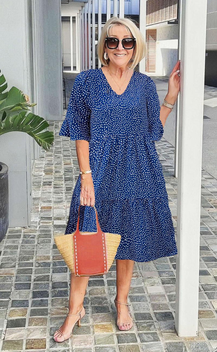 Madeline | Midi Polka Dot Dress with V-Neck and Flutter Sleeves