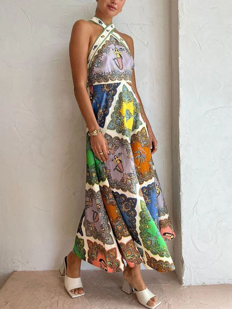 Lavinia | Maxi Halter Neck Dress with Boho Print