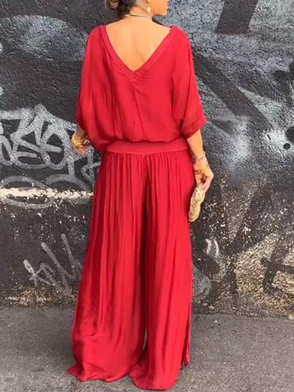 Edith | Two-Piece Set with V-Neck Top and Wide Leg Trousers