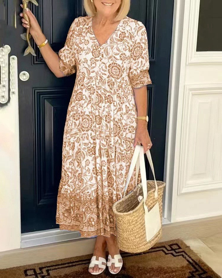 Phoebe | Midi Summer Dress with Boho Print and V-Neck