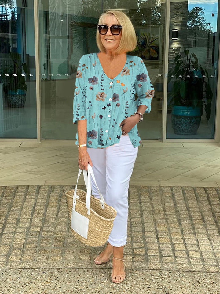 Penny | Floral Print Blouse with V Neckline and Button Front