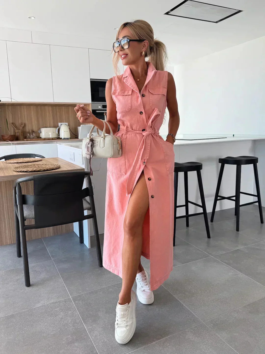 Claire | Maxi Shirt Dress with Belted Waist and Side Slit
