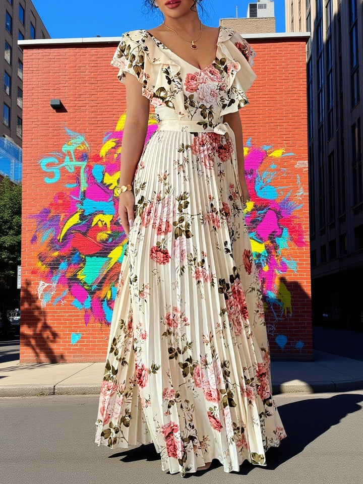 Flor | Maxi Wedding Guest Dress with Floral Print and Pleated Skirt