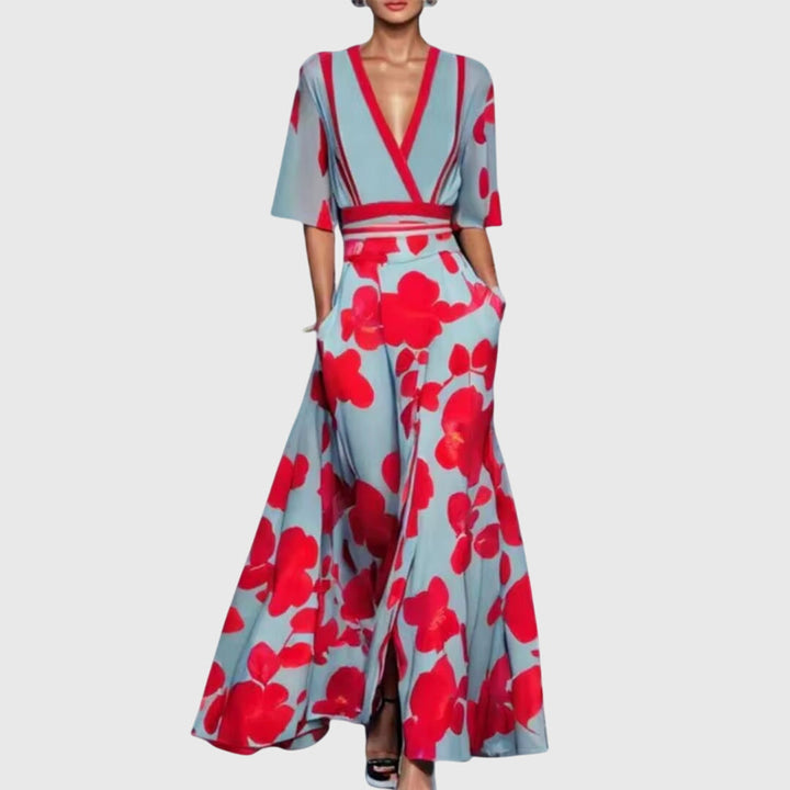 Candice | Maxi Wedding Guest Dress with V-Neck Wrap and Floral Print