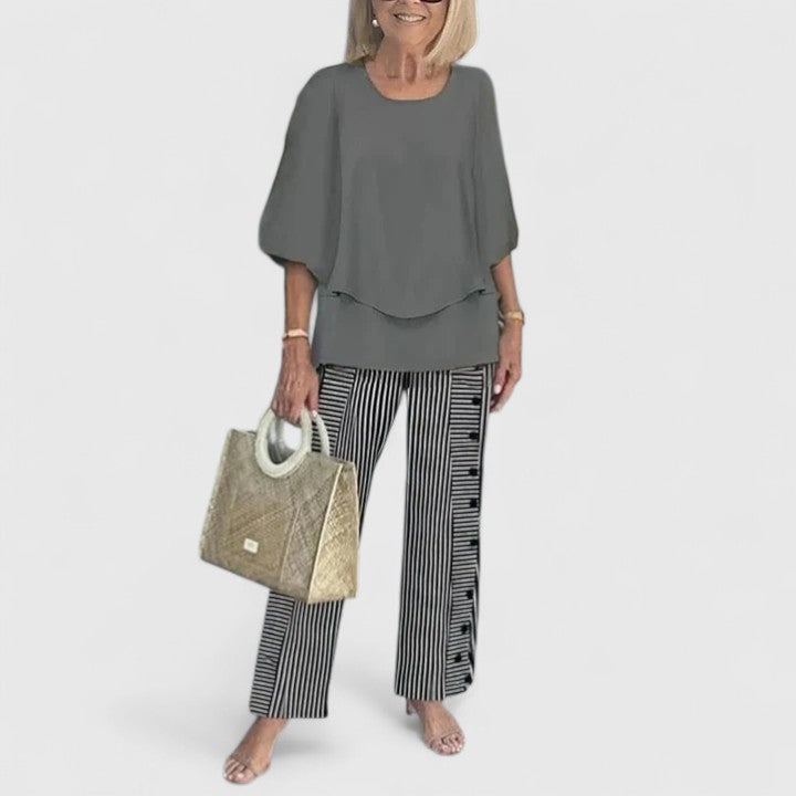 Marge | Matching Set with Floral Print Trousers and Layered Top