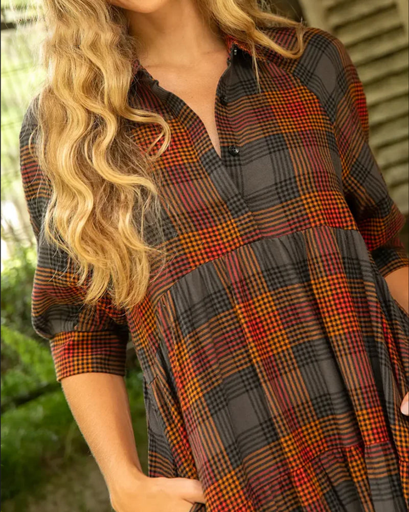 Nica | Midi Shirt Dress with Plaid Print and Tiered Skirt