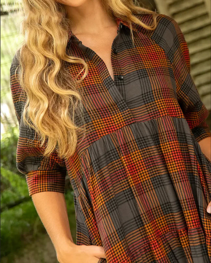 Nica | Midi Shirt Dress with Plaid Print and Tiered Skirt