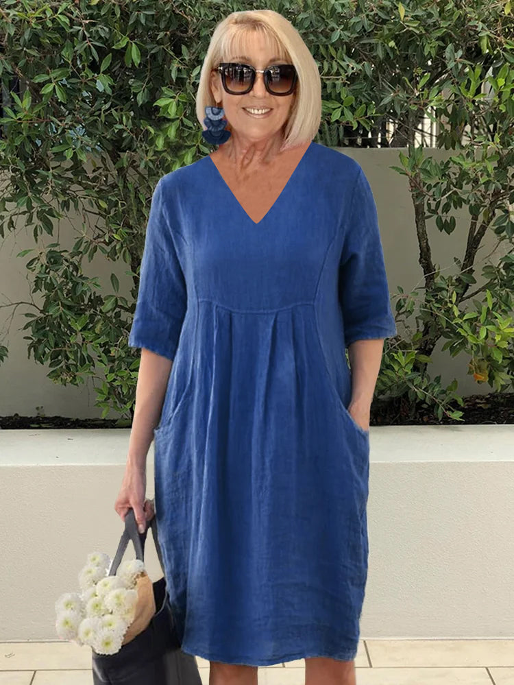 Sarah | Midi Summer Dress with V-Neck and Pockets