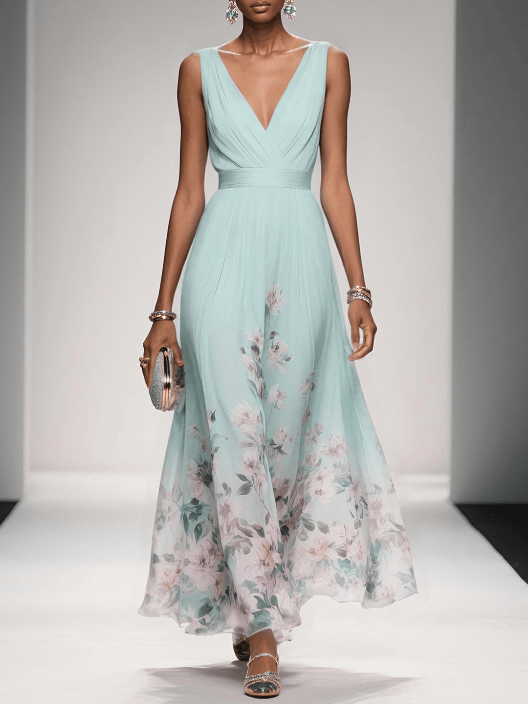 Ana | Maxi Wedding Guest Dress with Floral Print and V-Neck