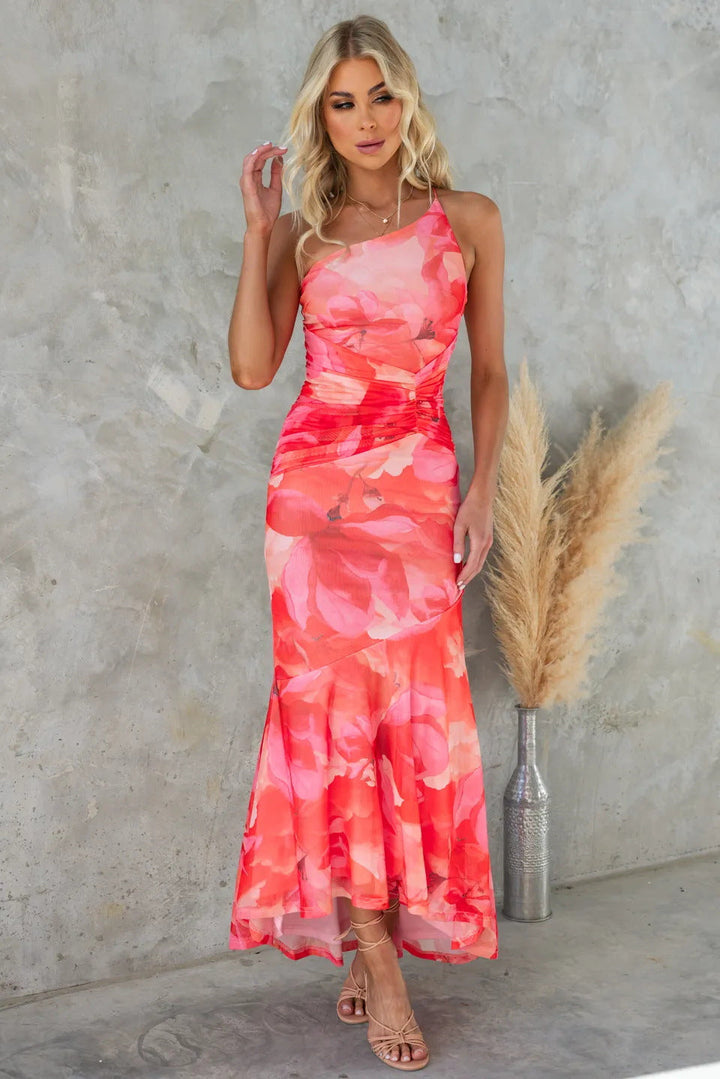 Samanta | Maxi Wedding Guest Dress with One Shoulder and Floral Print