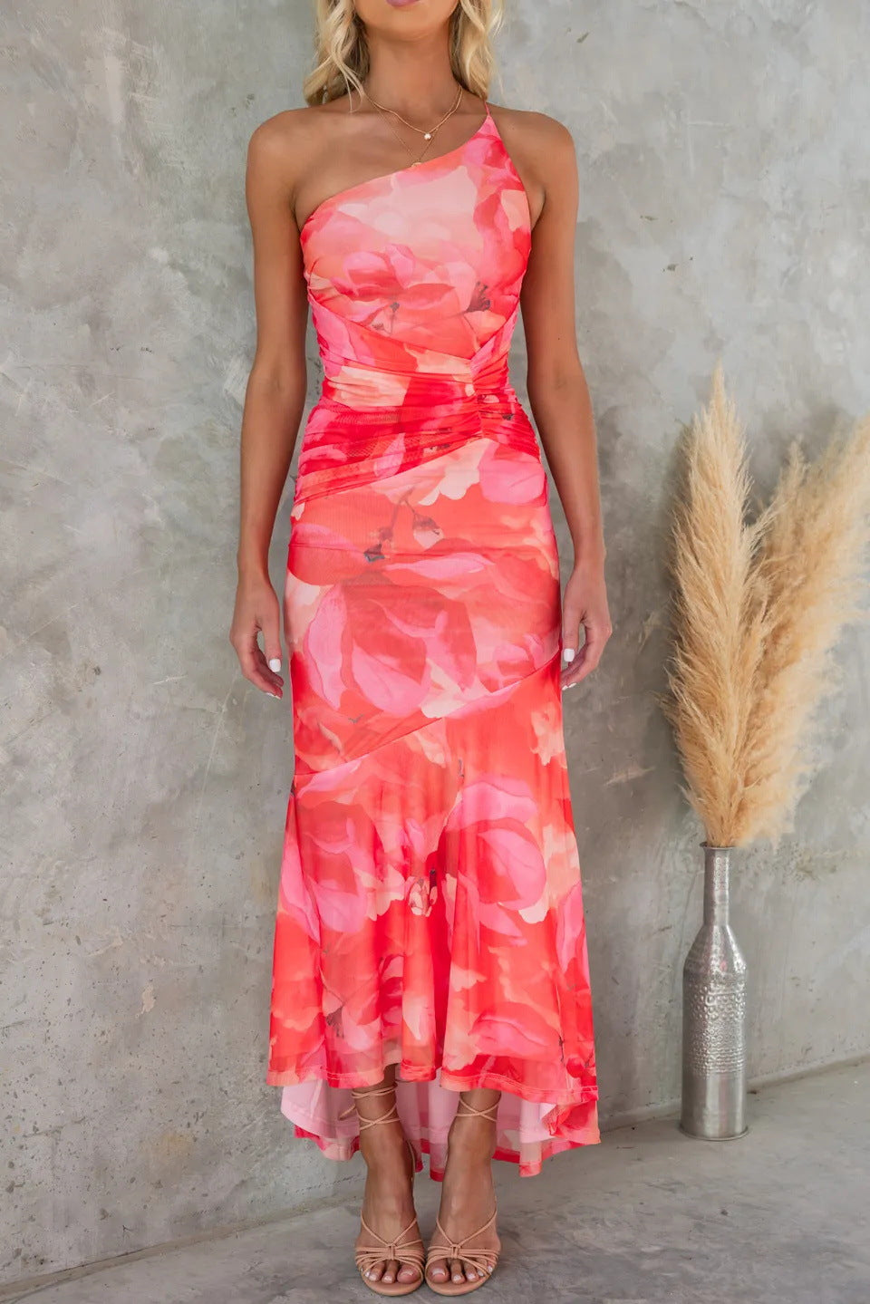 Samanta | Maxi Wedding Guest Dress with One Shoulder and Floral Print