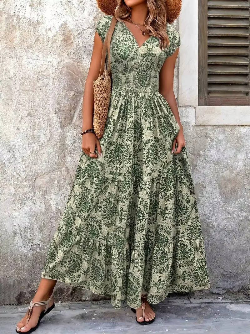 Emma | Midi Floral Print Dress with V-Neck and Sleeveless Bodice