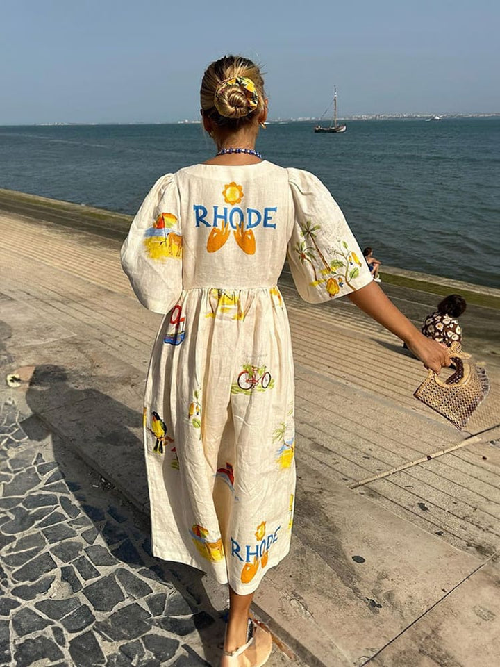 Gina | Midi Summer Dress with V-Neck and Novelty Print