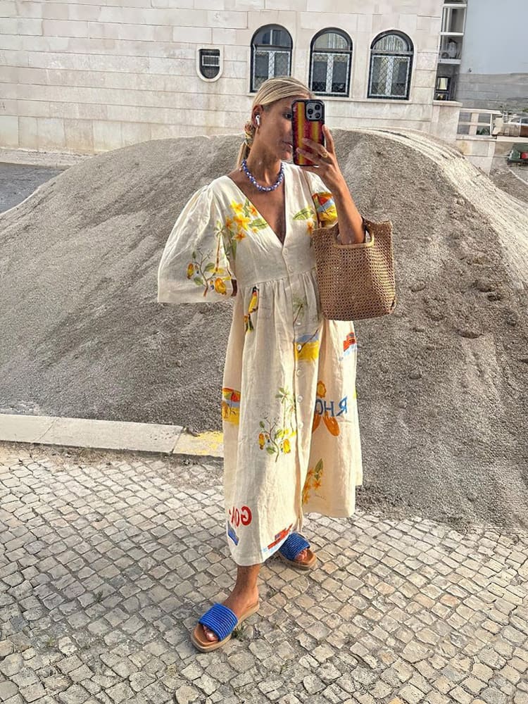 Gina | Midi Summer Dress with V-Neck and Novelty Print