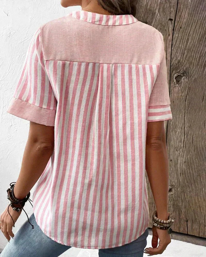Polly | Striped Top with V Neckline and Button Detail