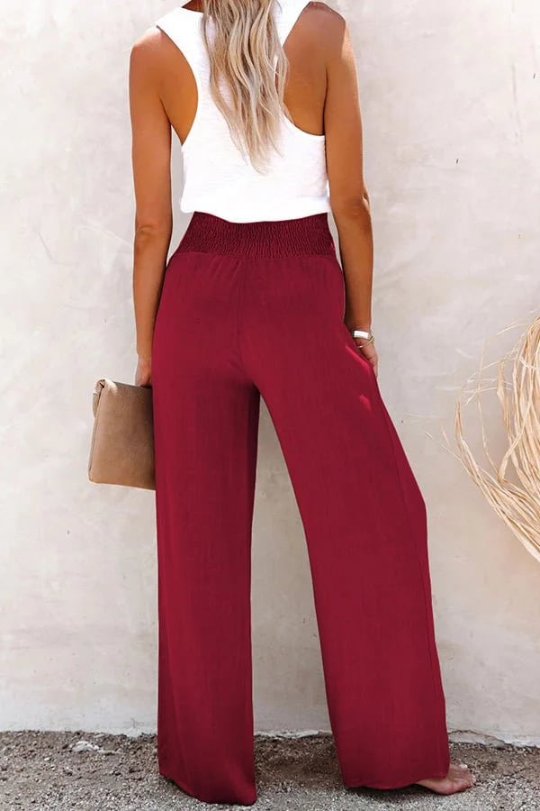 Ivy | Wide Leg Trousers with Smocked Waist and Button Detail