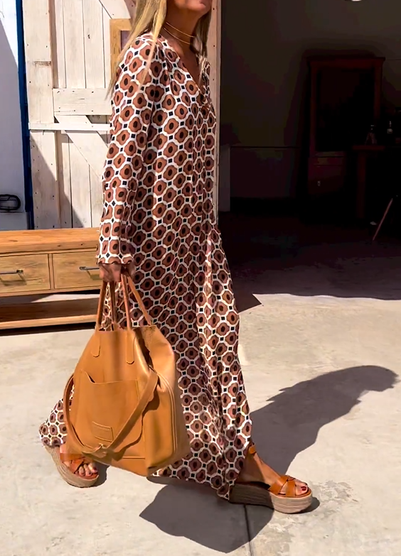 Xena | Maxi Summer Dress with Geometric Print and Long Sleeves